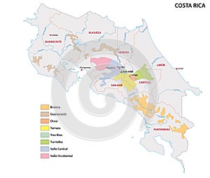 Map of the coffee growing regions of costa rica