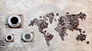 Map of continents from coffee beans on a wooden background