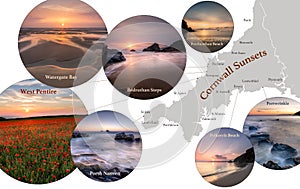 Map of Cornwall, featuring photographic images of Cornish Sunsets at Portwrinkle, Polkerris, Porth Nanven, West Pentire, Watergate photo