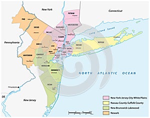 Map of the counties in the four divisions of the New York metropolitan area