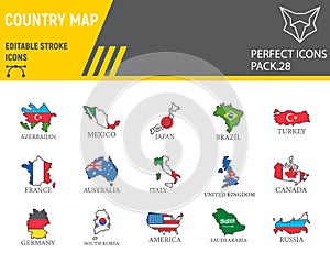 Map of country color line icon set, country flag collection, vector sketches, logo illustrations, map countries icons