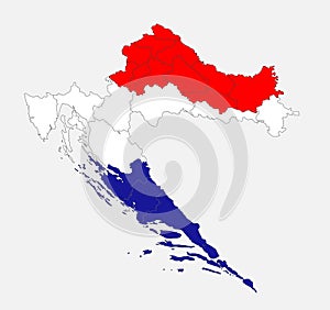 Map of the Croatia in the colors of the flag with administrative divisions blank