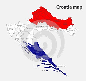 Map of the Croatia in the colors of the flag with administrative divisions