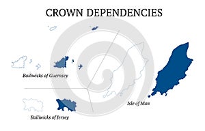 Map of Crown Dependencies. Bailiwicks of Jersey and Guernsey. Isle of Man. Detailed vector outline and blue silhouette. All isolat