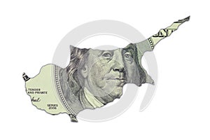 map of cyprus on a american dollar money texture on the white background. finance concept