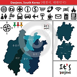 Map of Daejeon with Districts, South Korea