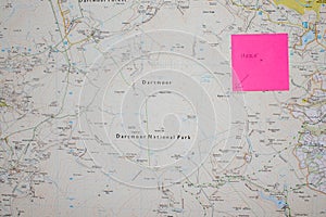 Map of dartmoor with a post it note on it.