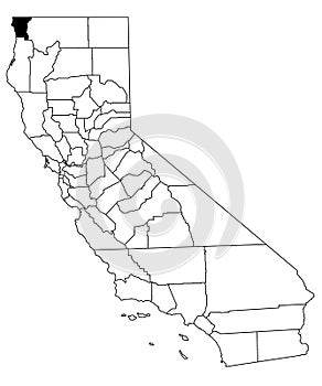 Map of del Norte County in California state on white background. single County map highlighted by black colour on California map. photo