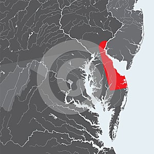 Map of Delaware with lakes and rivers.