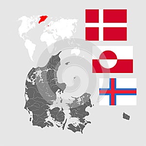 Map of Denmark with lakes and rivers and three flags. photo