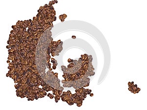 Map of Denmark made with coffee beans on a white isolated background. Export, production, supply, agricultural or health concept