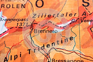 Map detail of Brennero and the Brenner Pass in the Alps..