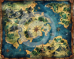 Map detailing a treasure hunt in an illustrated pirate world