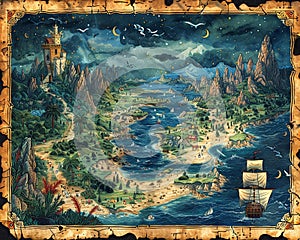 Map detailing a treasure hunt in an illustrated pirate world