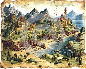 Map detailing a treasure hunt in an illustrated pirate world