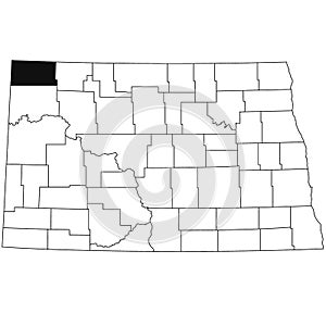 Map of devide County in North Dakota state on white background. single County map highlighted by black colour on North Dakota map