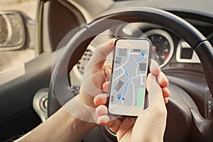 map, driver using direction navigation on GPS map on the screen of mobile smartphone