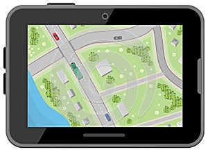 Map with driving directions. Top view. Black digital tablet. Car Navigation