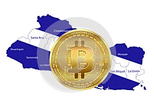 Map of the El Salvador in the colors of the flag with Bitcoin