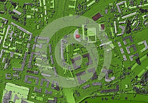 Map of elevation of a city urban area with roads and junctions for GIS and planning usage