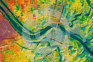 Map of elevation of a city urban area with roads and junctions for GIS and planning usage