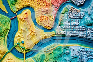 Map of elevation of a city urban area with roads and junctions for GIS and planning usage