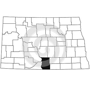 Map of Emmons County in North Dakota state on white background. single County map highlighted by black colour on North Dakota map