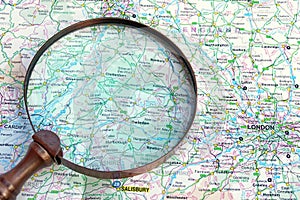 Map of England and vintage magnifying glass