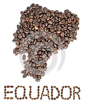 Map of Equador made of roasted coffee beans isolated on white background.