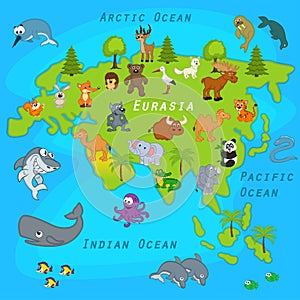 Map of Eurasia with animals photo