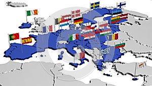 Map of Europe in Blue with Flags