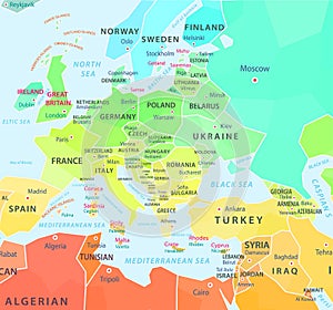 Map Europe color map with names