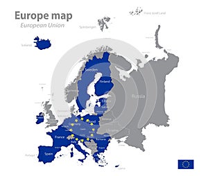 Map of the Europe in the colors of the flag with separate states European Union