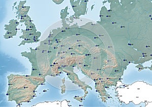 Map of Europe continent Illustration with the Airports