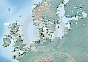 Map of Europe continent Illustration with the biggest ports