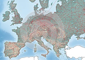 Map of Europe continent Illustration with the Railroads