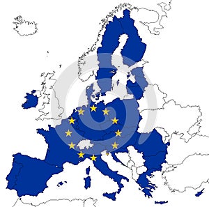Map of Europe with EU countries with EU flag