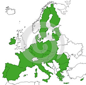 Map of Europe with EU countries in green