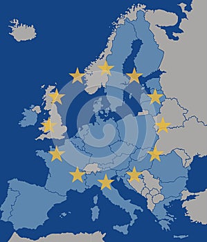 Map of Europe with European Union member states excluding United Kingdom with stars from EU flag on top photo