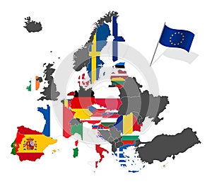 Map of Europe with the European Union member states flags after Brexit.
