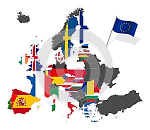 Map of Europe with the European Union member states flags before Brexit. Vector illustration