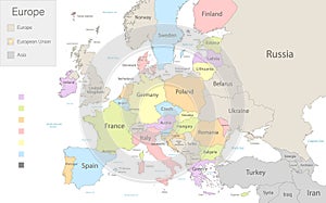 Map of Europe with European Union and parts of Asia divided to separates states