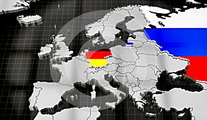 Map of Europe, flags of Germany and Russia - 3D illustration