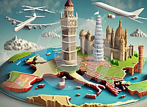 Map of Europe and Important Structures in 3D.airplanes in the air