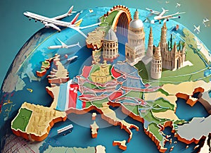 Map of Europe and Important Structures in 3D.airplanes in the air