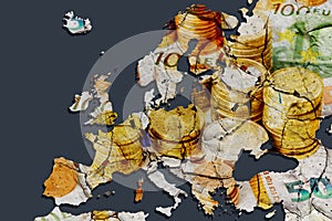 Map of Europe with lots of cracks as a symbol of contradictions and disagreements in the area of finance and investment. Stack of