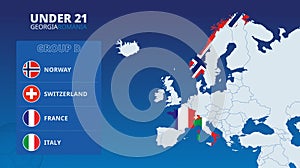 Map of Europe with marked maps of countries participating in group D of the European Under 21 football tournament 2023