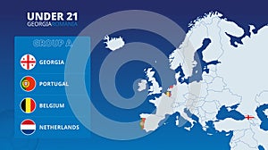 Map of Europe with marked maps of countries participating in group A of the European Under 21 football tournament 2023