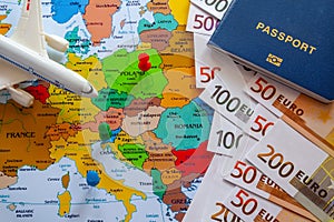 Map of europe with passport and compass for travel