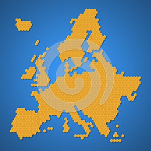 Map of Europe region continent with honey bee or honeycomb or honey hive shape style With vignette dark border shadow. With yellow